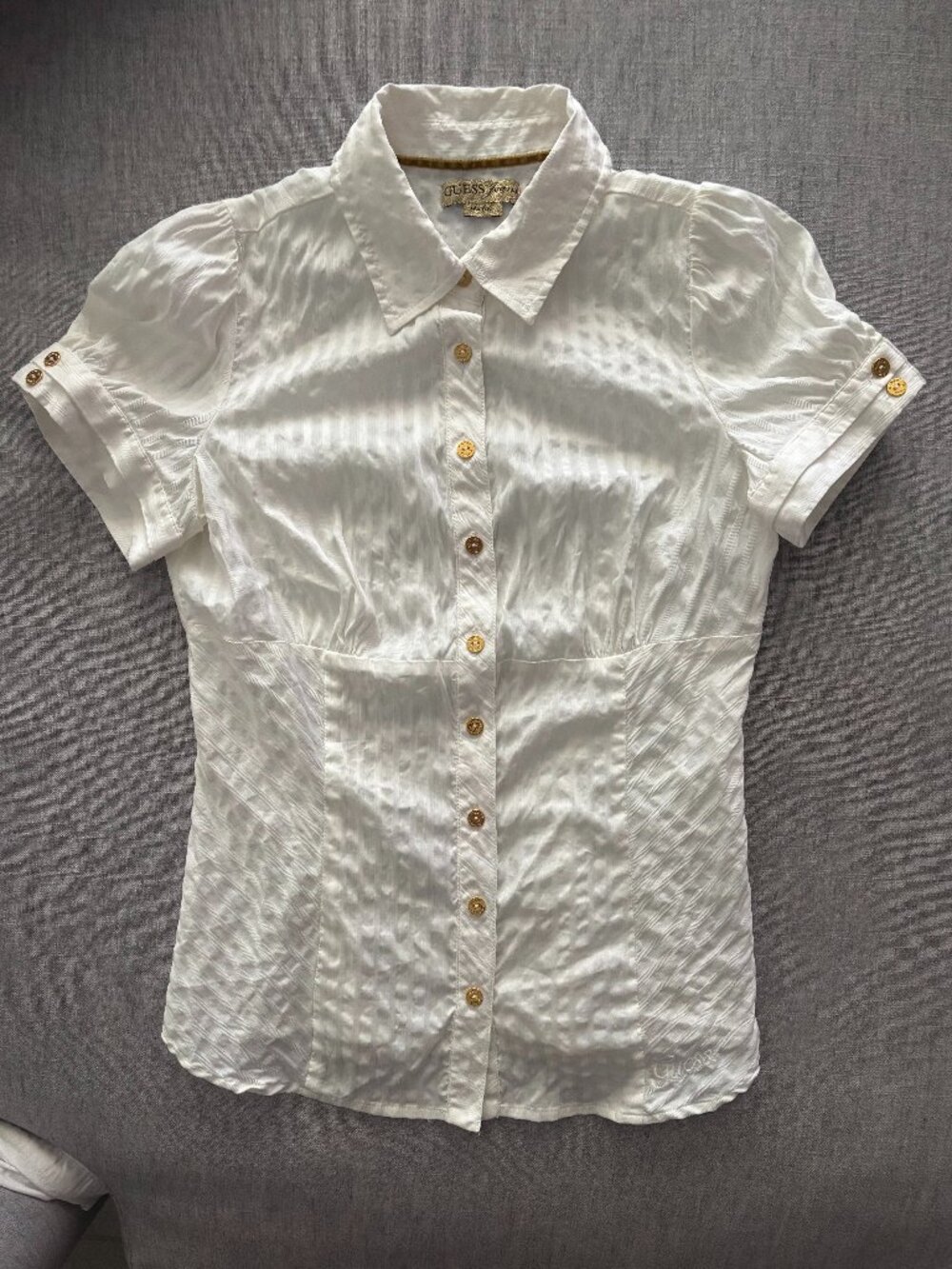 Vintage Y2K Guess Jeans White Crinkle Smocked Puff Sleeve Blouse Shirt Large